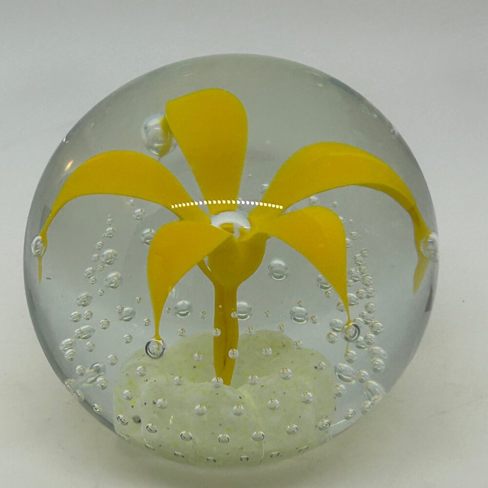 Wheaton Glass Controlled Bubble Paperweight With Yellow Flower Design - Picture 2 of 16